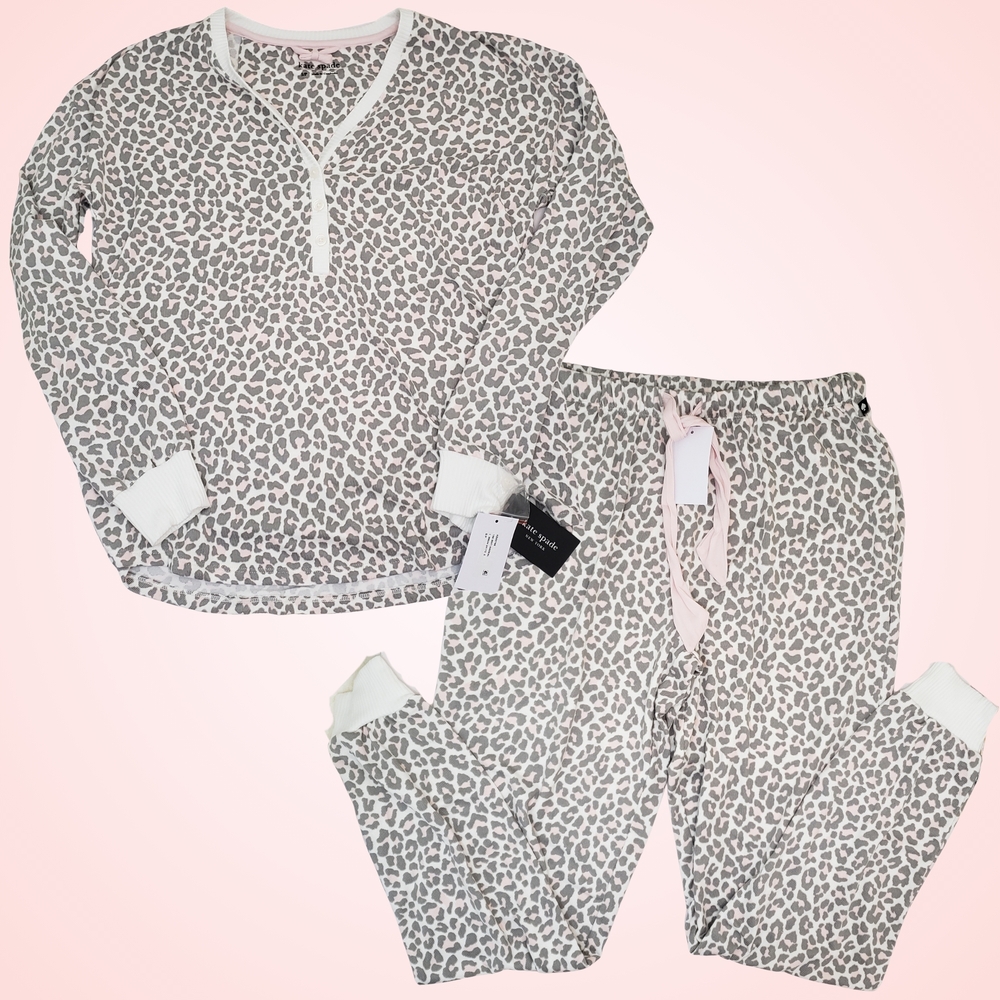 Kate Spade Animal Print Pajama Set Knit Long Sleeve Henley & Joggers NWT